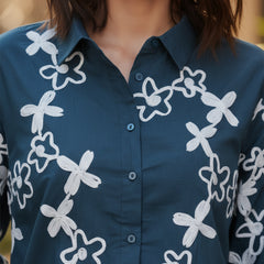 Blue Cotton Embroidered Waist-Length Shirt with Collar Neck