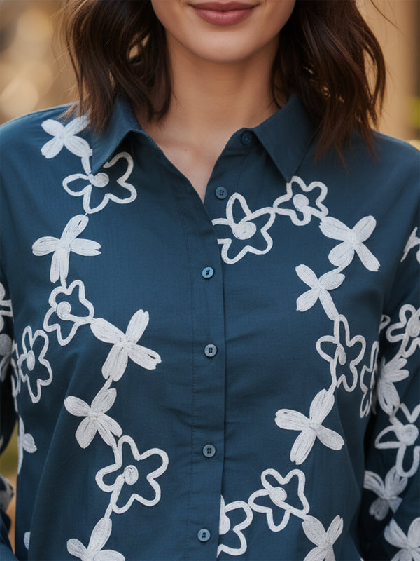 Blue Cotton Embroidered Waist-Length Shirt with Collar Neck