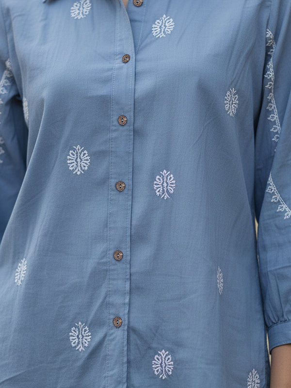 Sky Blue Handcrafted Embroidered Cotton Shirt with Statement Sleeves