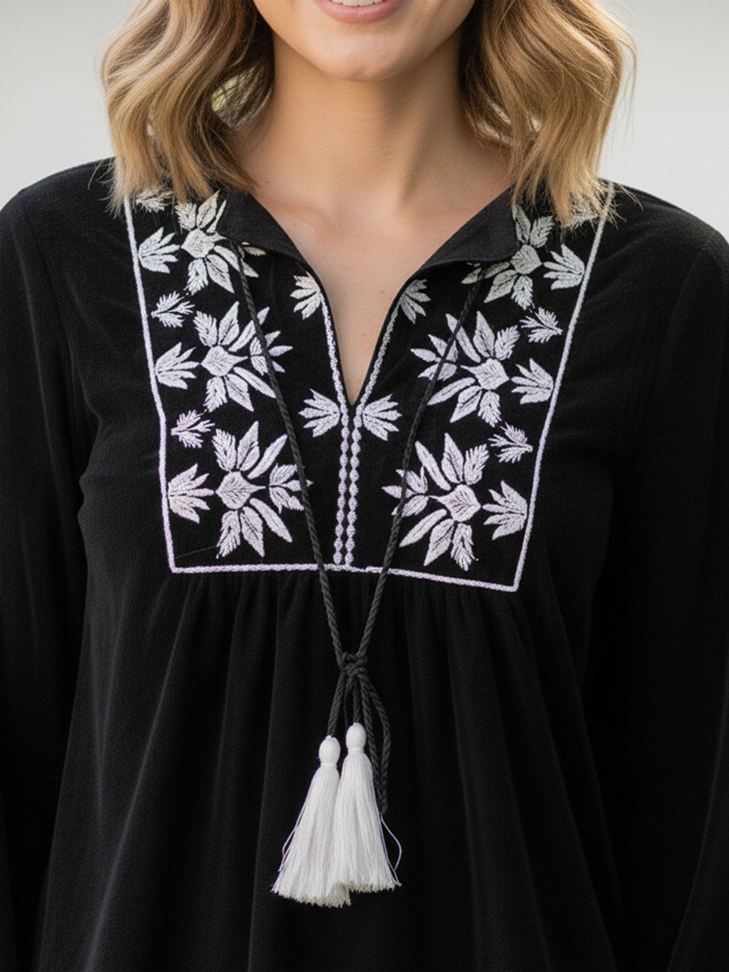 Designer Black Top with White Embroidery