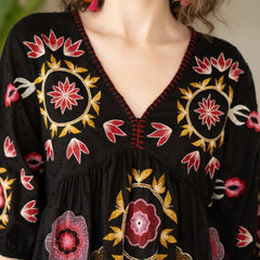 Chic Black Embroidered Cotton Midi Dress with V-Neck & Elbow Sleeves