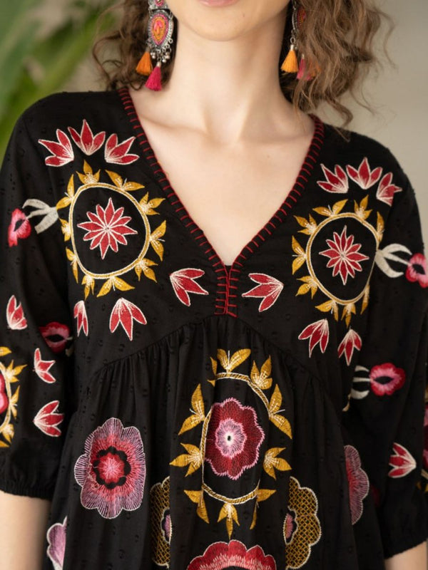 Chic Black Embroidered Cotton Midi Dress with V-Neck & Elbow Sleeves