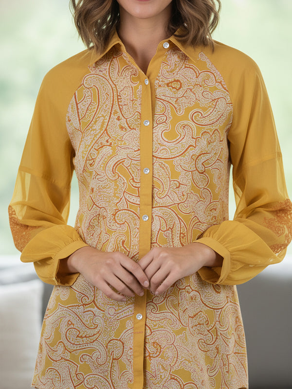 Women Mustard Yellow Printed Shirt with Sheer Sleeves