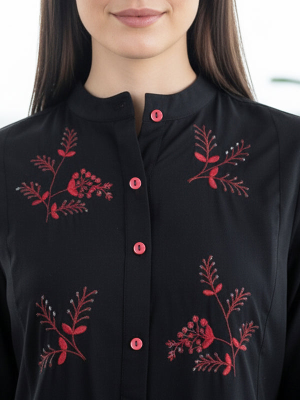 Classic Black High-Neck Embroidered Tunic Top