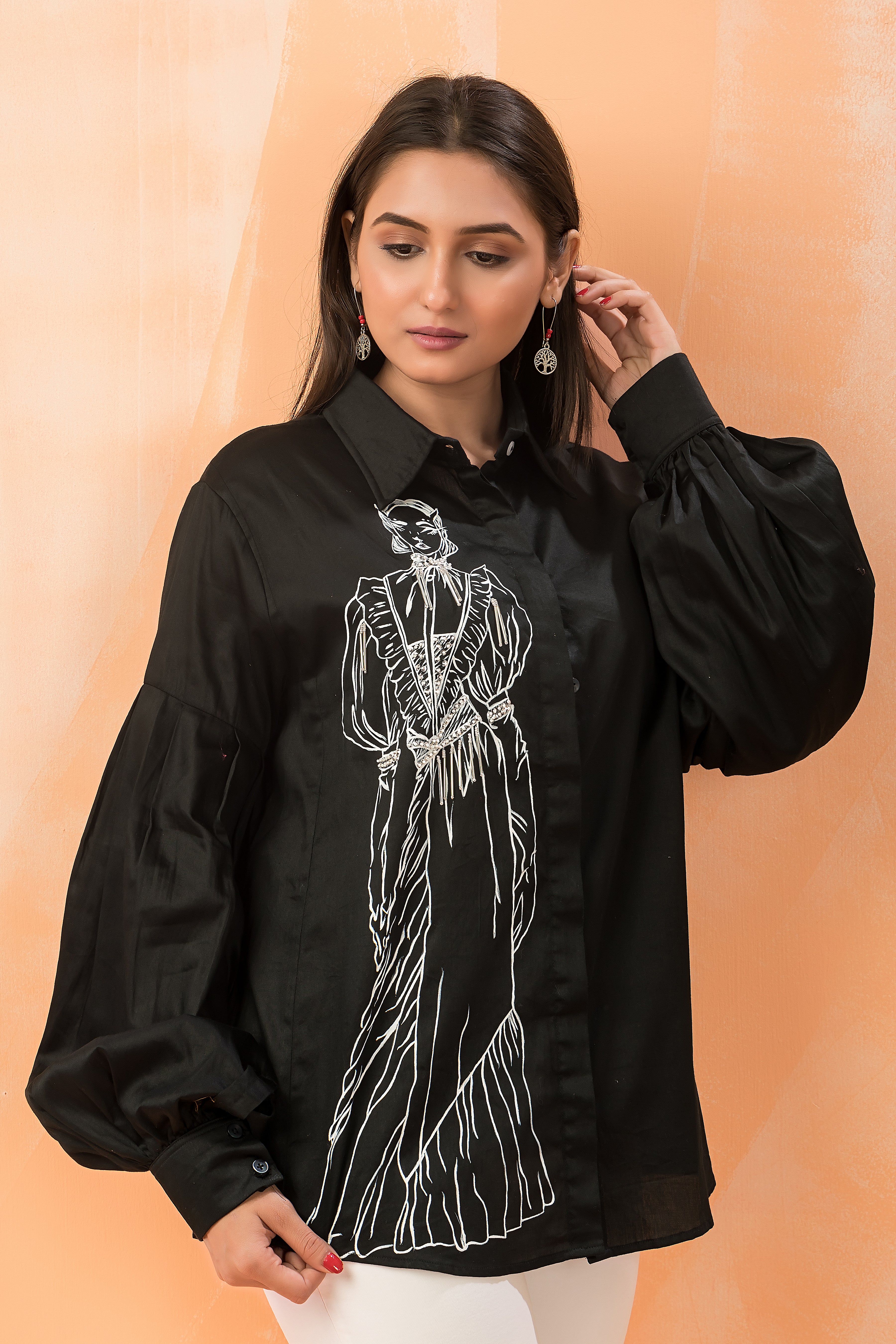 Designer Cotton Black Embroidered Shirt