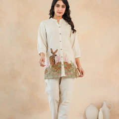 Beige Forest Harmony Embroidered Cotton Co-ord Set