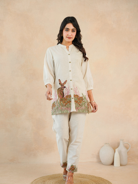 Beige Forest Harmony Embroidered Cotton Co-ord Set