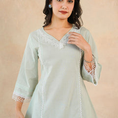 Graceful Bloom Mint Cotton Kurta and Pant Set