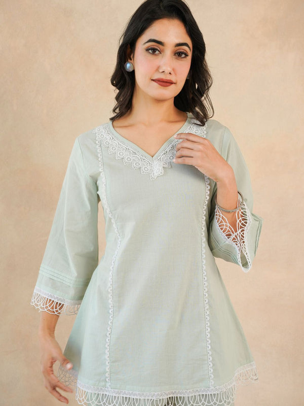 Graceful Bloom Mint Cotton Kurta and Pant Set
