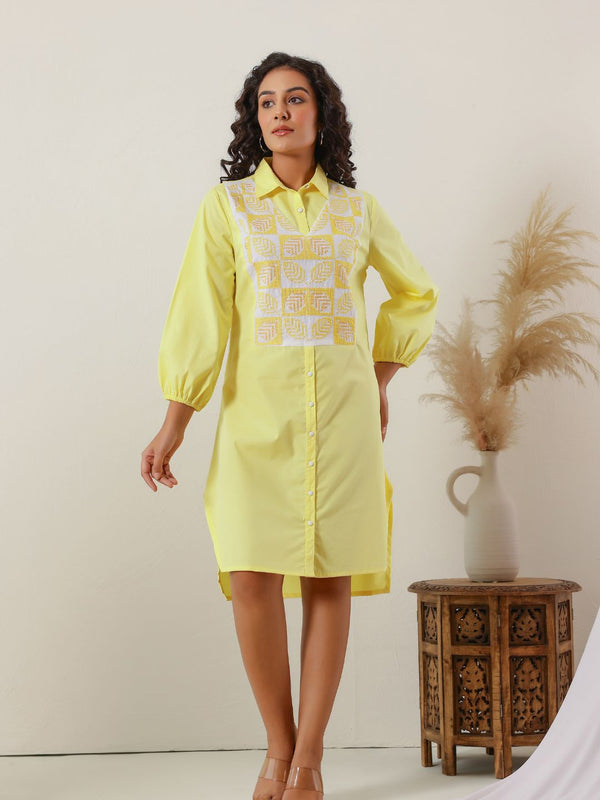 Sunshine Yellow Cotton Embroidered Shirt Dress
