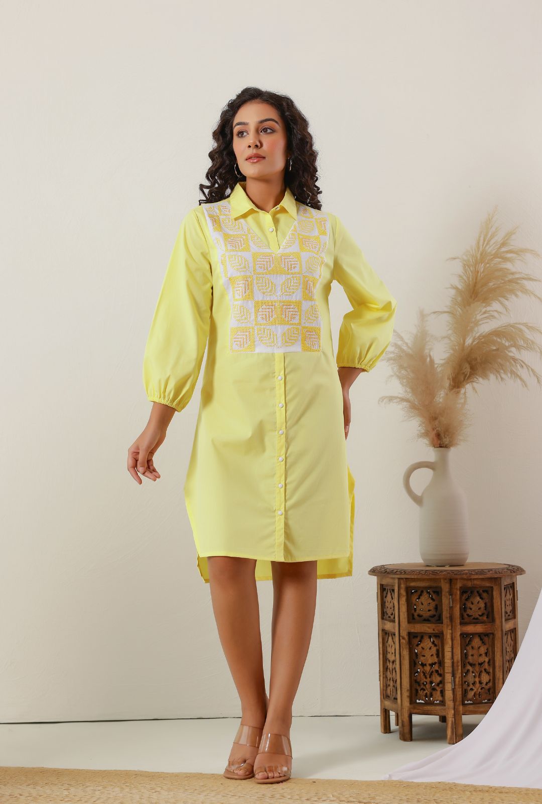 Sunshine Yellow Cotton Embroidered Shirt Dress