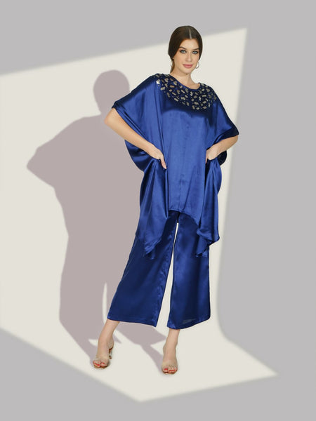 Blue Satin Sequin Work Kaftan Co-ord Set
