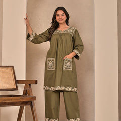 Elegant Olive Green Cotton Embroidered Kurta Set