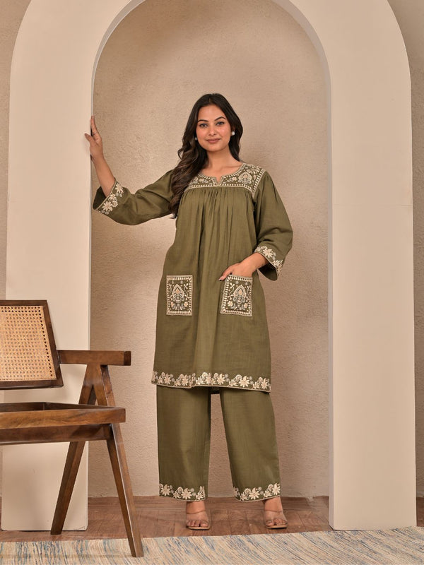 Elegant Olive Green Cotton Embroidered Kurta Set