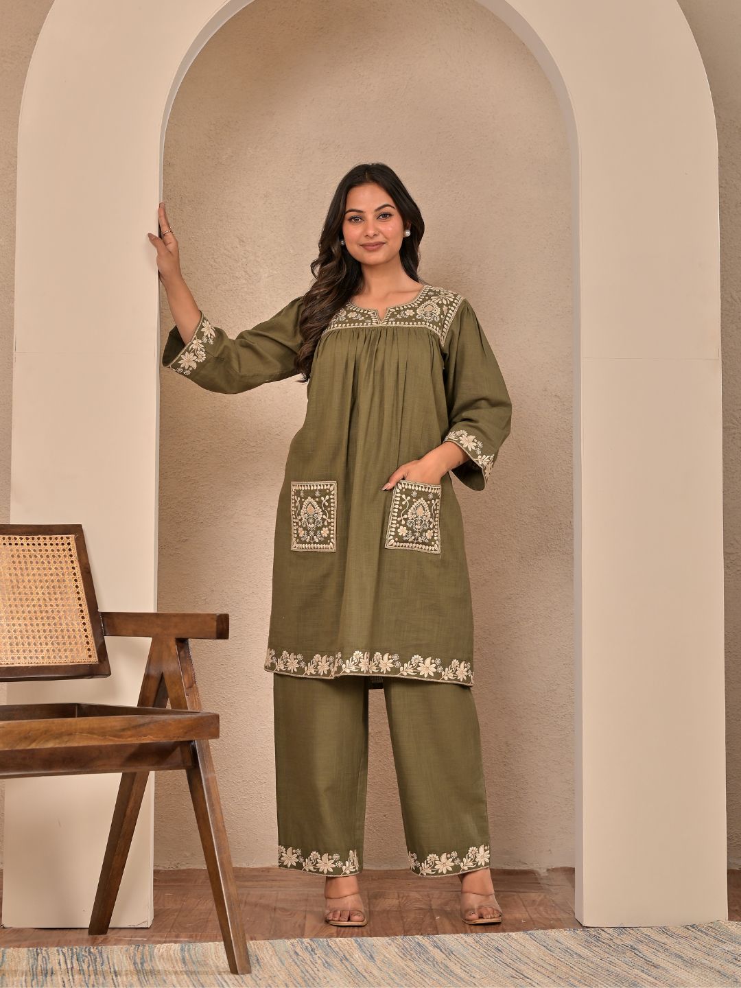Elegant Olive Green Cotton Embroidered Kurta Set
