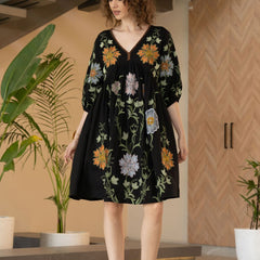 Black Cotton Embroidered Midi Dress with V-Neck & Elbow Sleeves
