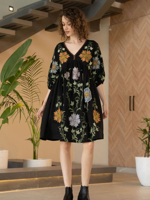 Black Cotton Embroidered Midi Dress with V-Neck & Elbow Sleeves