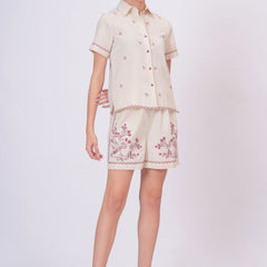 Blush Pink Embroidery Beige Cotton Co-ord Set