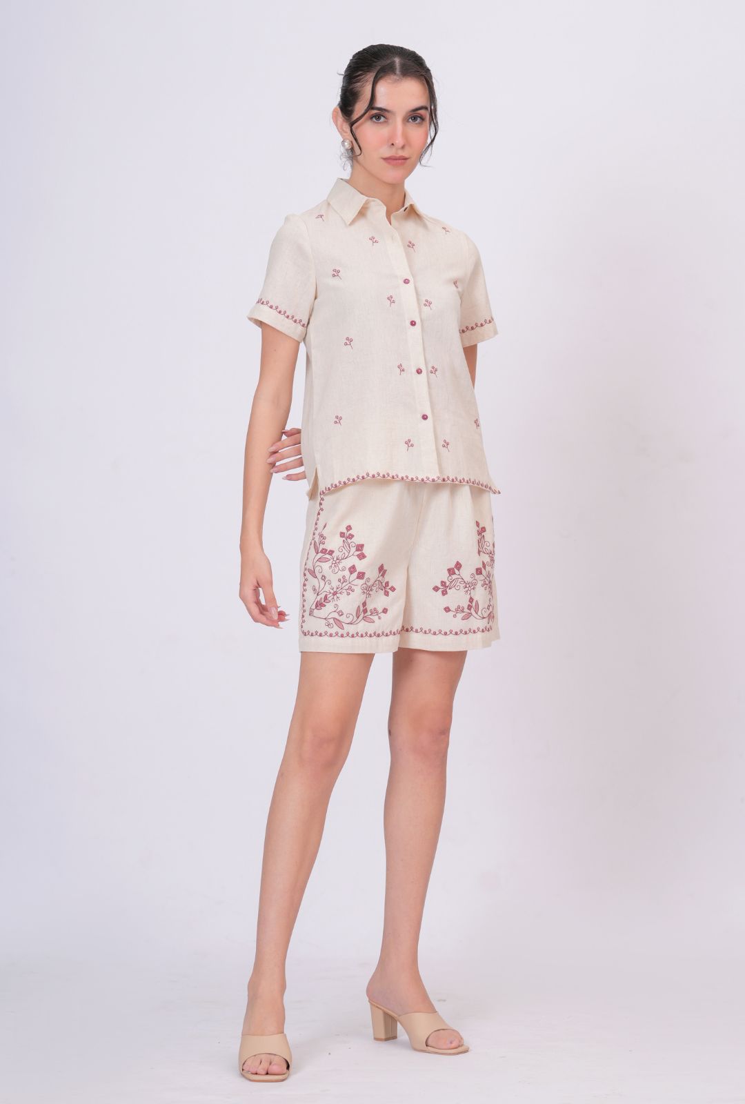 Blush Pink Embroidery Beige Cotton Co-ord Set