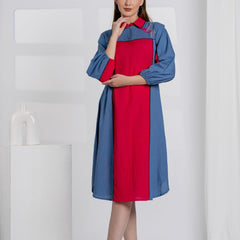 Women Color block Embroidered Midi Dress with Puff Sleeves & Zip Collar