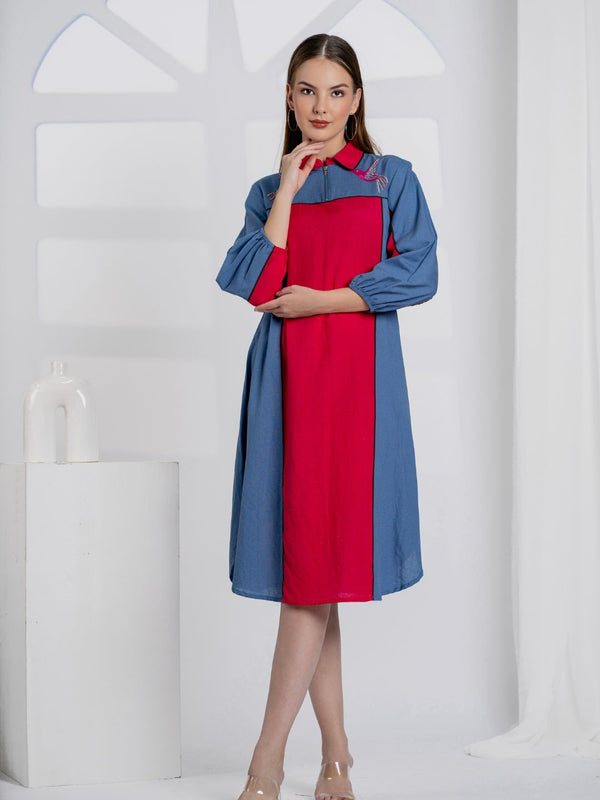Women Color block Embroidered Midi Dress with Puff Sleeves & Zip Collar