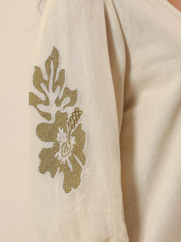 Beige flower embroidery Cotton Shirt Dress