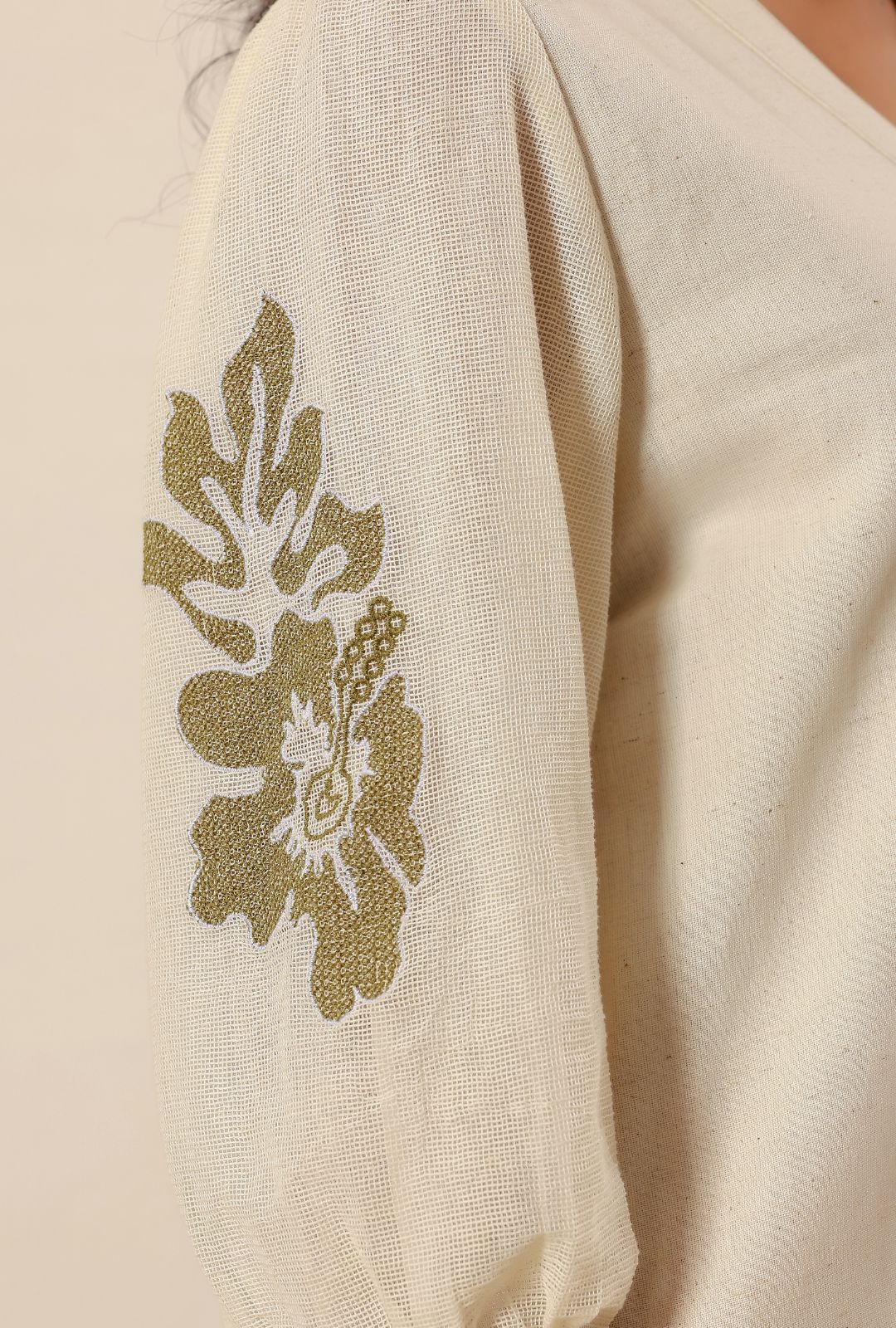 Beige flower embroidery Cotton Shirt Dress