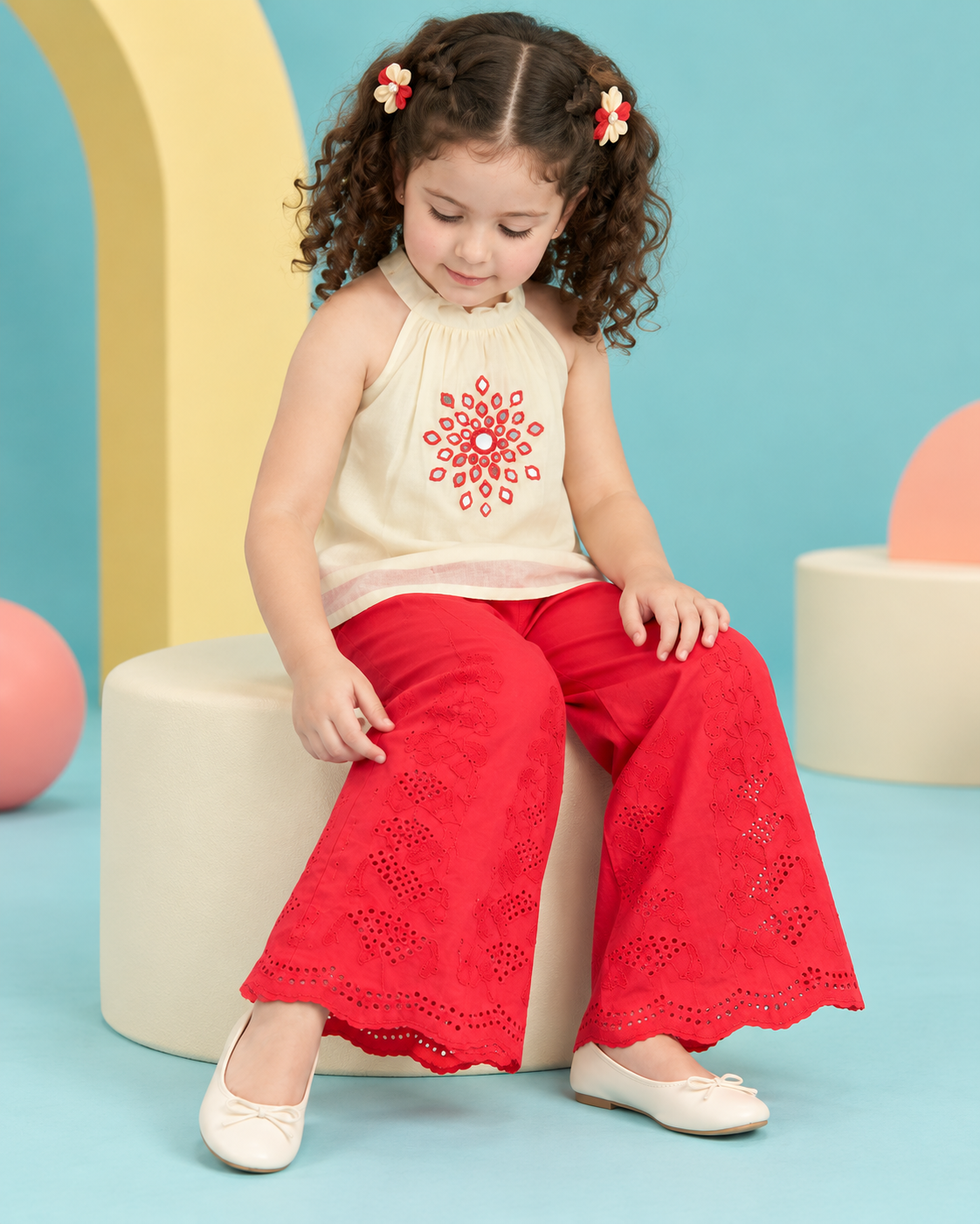 Girls' Cream Embroidered Halter Neck Top with Red Cotton Palazzo Set