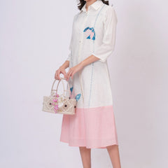 Pink Linen Embroidered Shirt Dress
