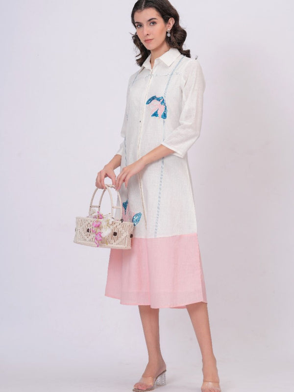 Pink Linen Embroidered Shirt Dress
