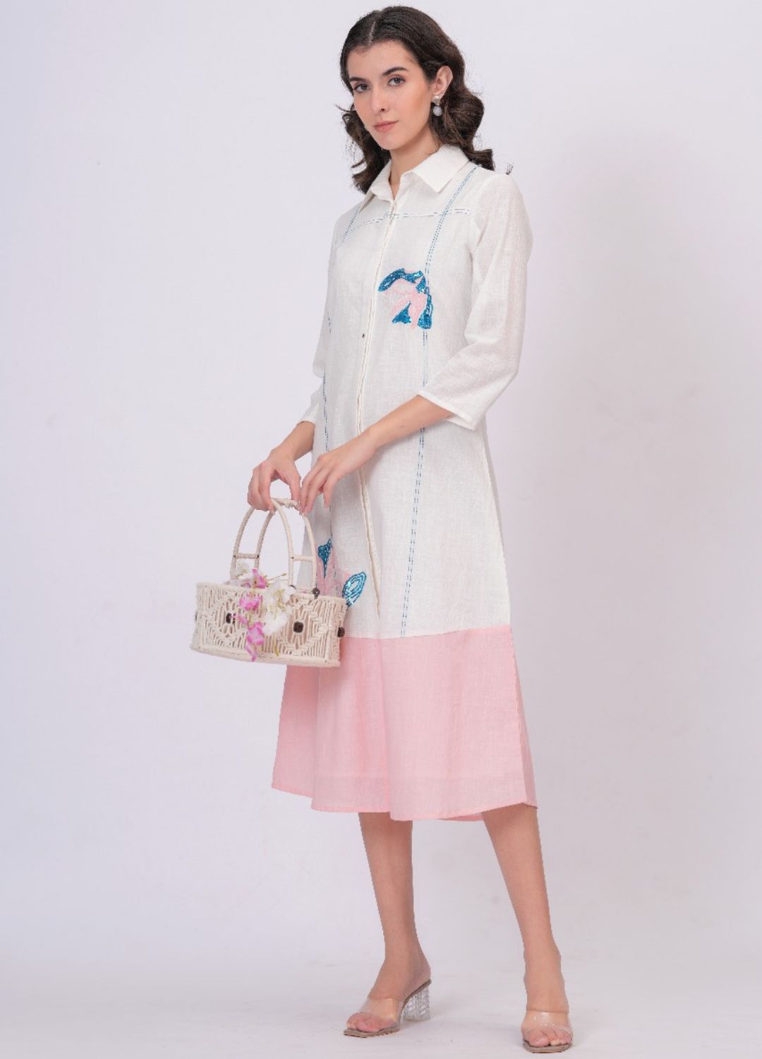 Pink Linen Embroidered Shirt Dress