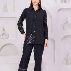 Black Co-Ord: Long Shirt & Trousers with Metallic Thread Work