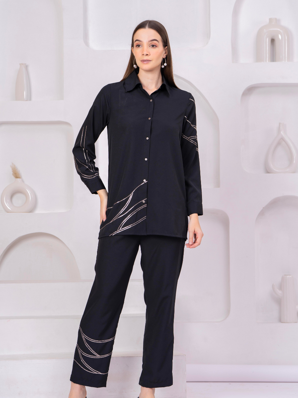 Black Co-Ord: Long Shirt & Trousers with Metallic Thread Work
