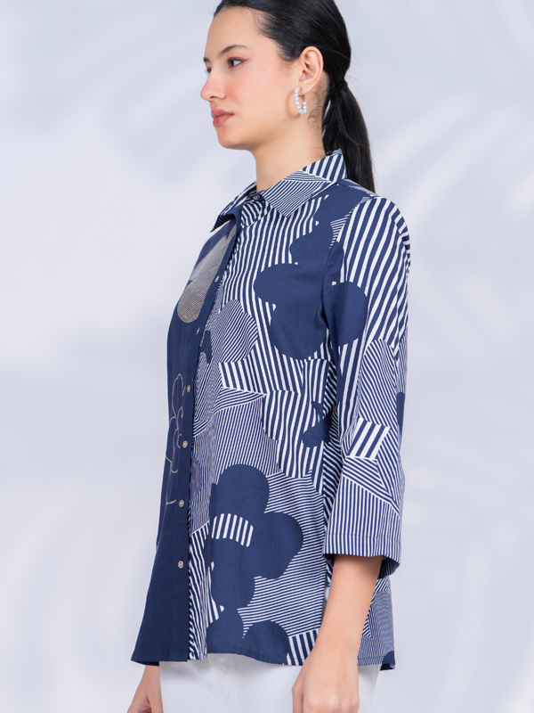 Women Designer Patchwork Navy Casual Shirt
