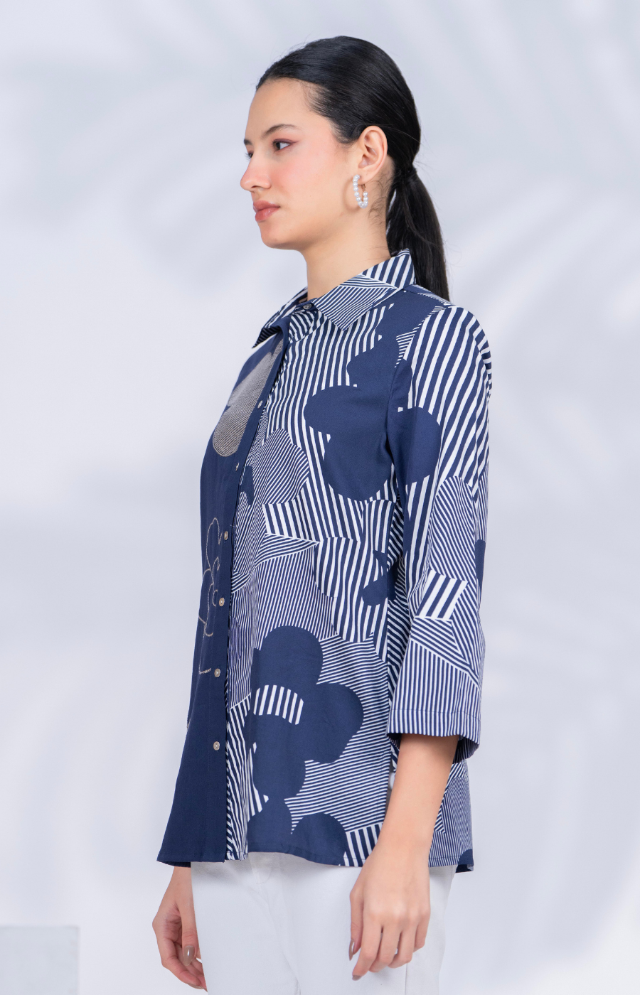 Women Designer Patchwork Navy Casual Shirt