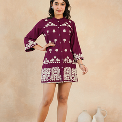Maroon Embroidered Rayon Midi Dress