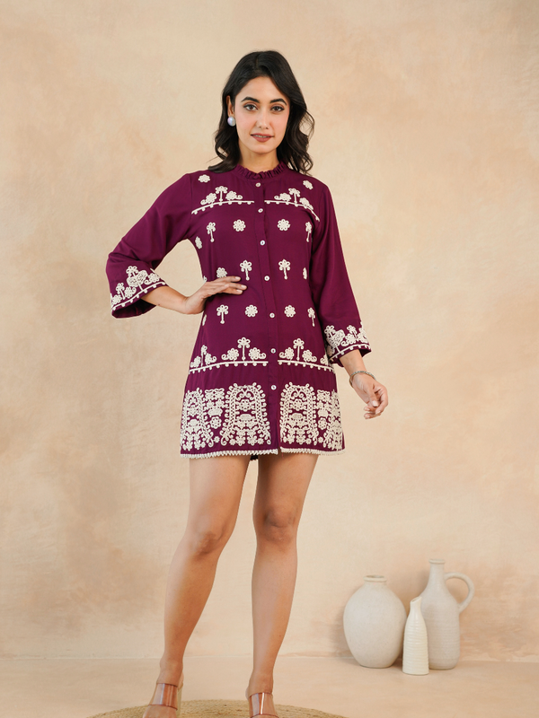 Maroon Embroidered Rayon Midi Dress