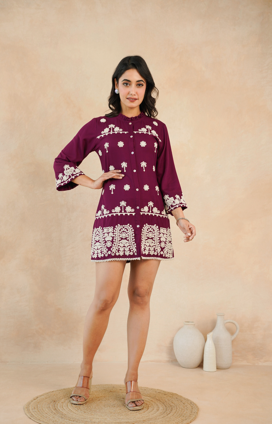 Maroon Embroidered Rayon Midi Dress