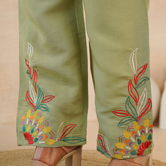 Olive Green Co-Ord: Detailed Central Embroidered Tunic and Wide Pants