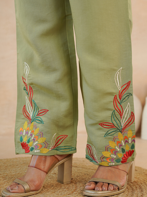 Olive Green Co-Ord: Detailed Central Embroidered Tunic and Wide Pants