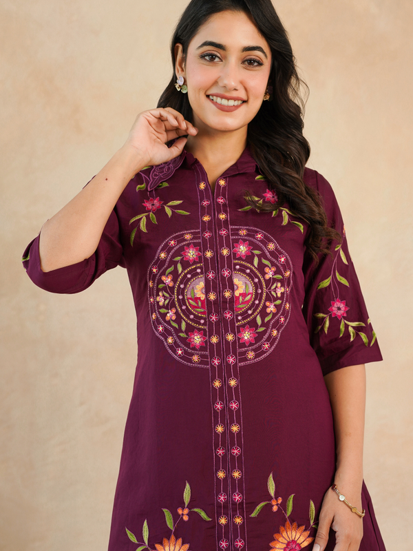 Elegant Maroon Embroidered Kurta with Matching Pants