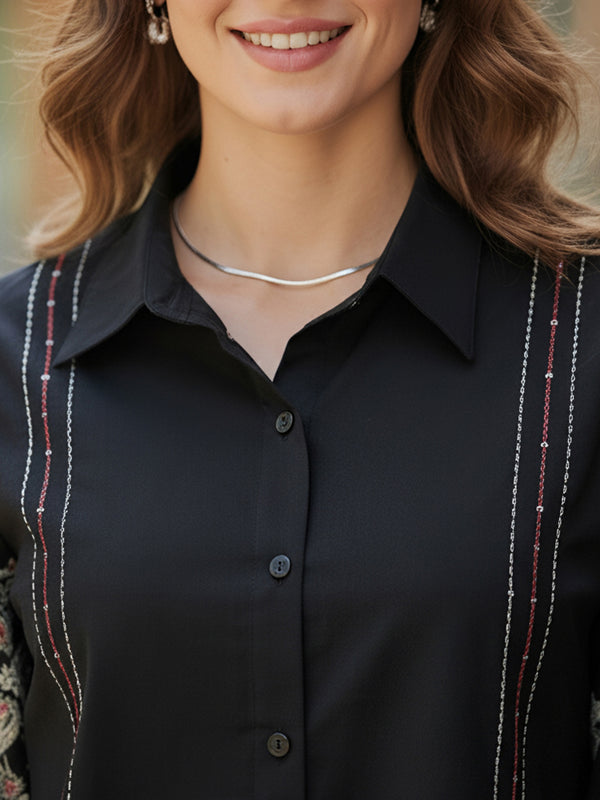 Black Handcrafted Embroidered Cotton Shirt