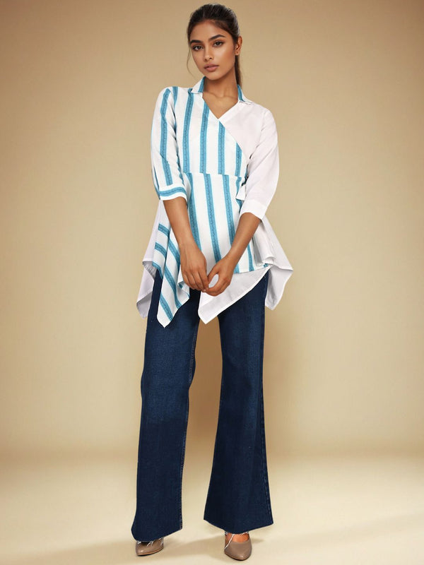 White Blue Cotton Wrap shirt