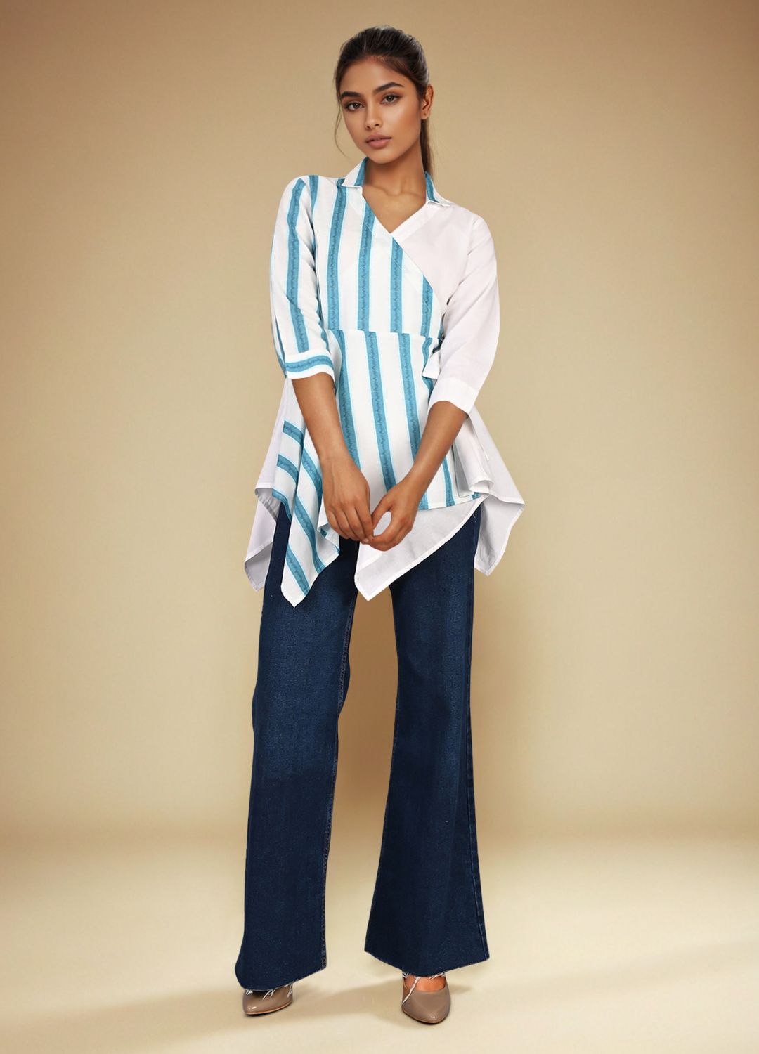 White Blue Cotton Wrap shirt