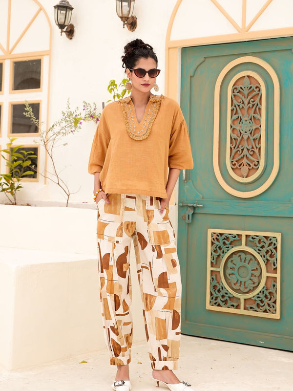 Tan Brown Abstract Printed Co-ord Set