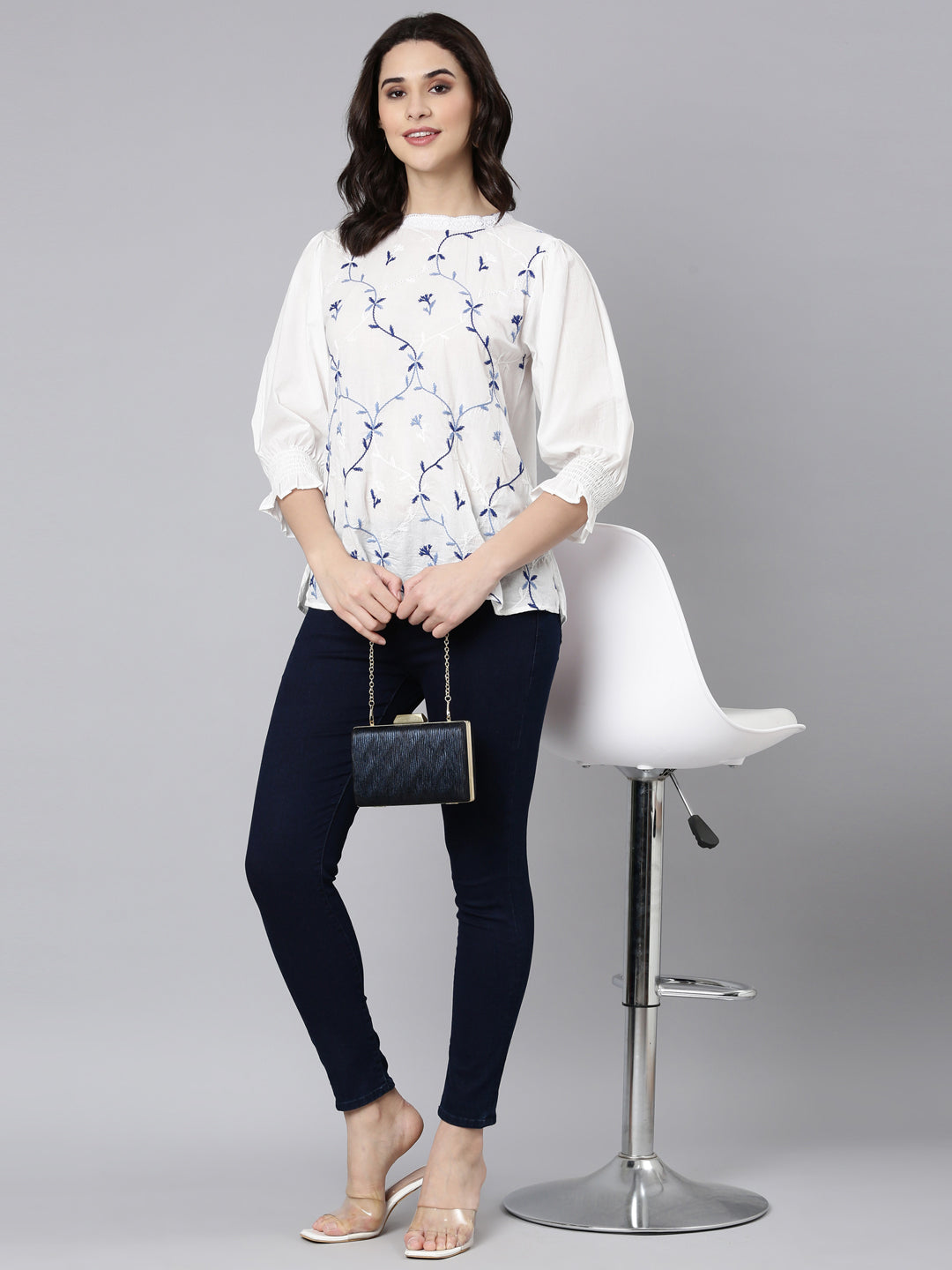 Elegant White Cotton Top With Blue Embroidery