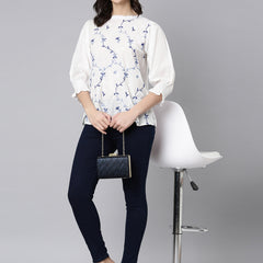 Elegant White Cotton Top With Blue Embroidery
