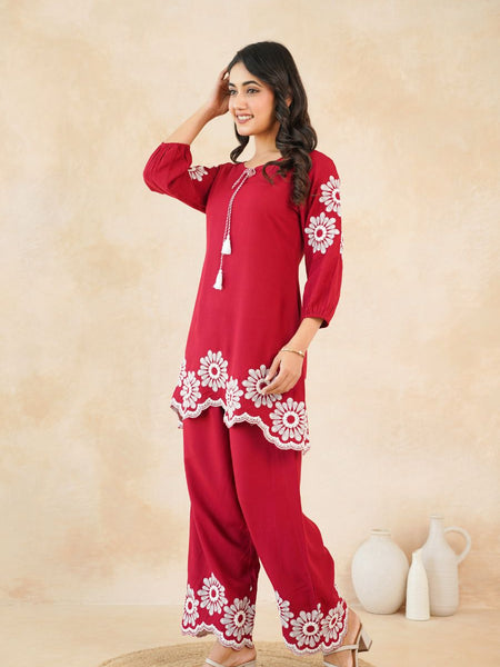 Stylish Red Flower Work Women’s Two-Piece Set
