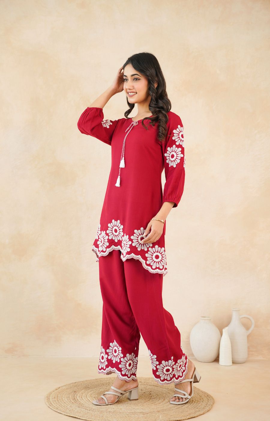 Stylish Red Flower Work Women’s Two-Piece Set