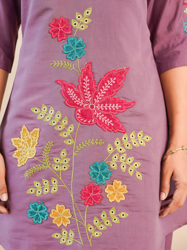 Lavender Floral Embroidered Kurta and Straight Pant Co-ord Set